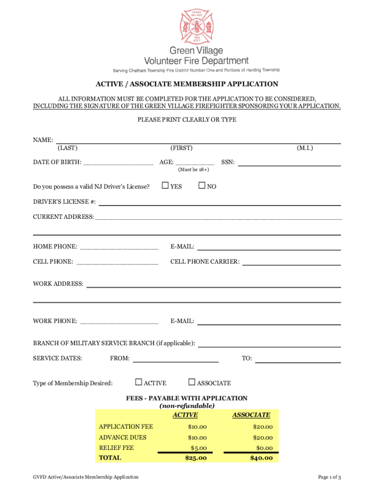 Www Greenvillagefire Com Uploads 124ACTIVE ASSOCIATE MEMBERSHIP APPLICATION  Form