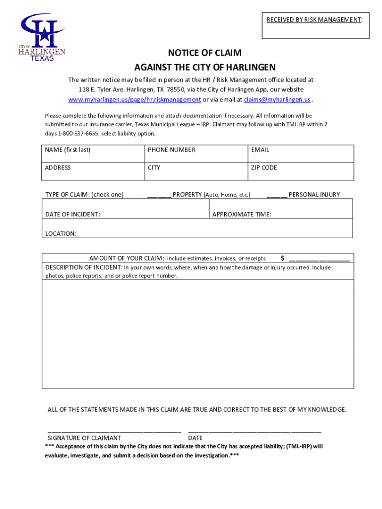 City of Harlingen Tx 138 Hub BizRisk Management Insurance Claims Etc City of Harlingen  Form