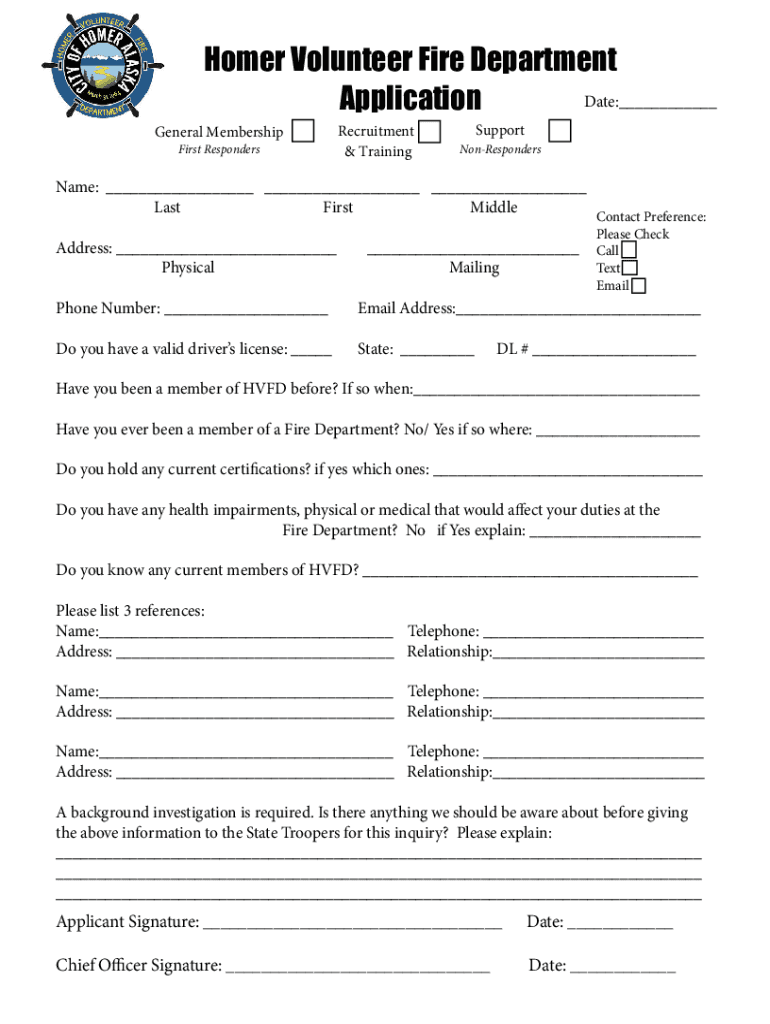 Homer Volunteer Fire Department Application  Form