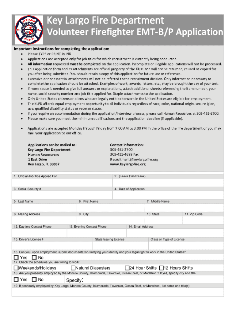 Key Largo Fire Department Volunteer Firefighter Application  Form
