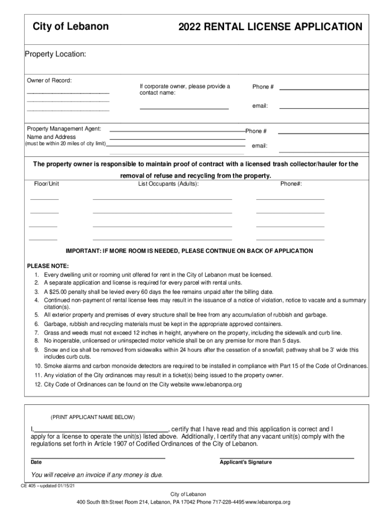 Www Lebanonpa Org DepartmentOfPublicSafety DocumentsCity of Lebanon RENTAL LICENSE APPLICATION  Form