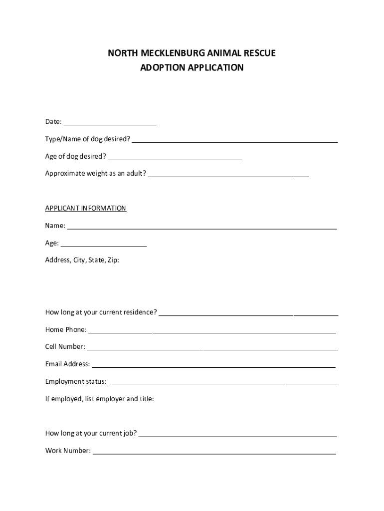 Www pdfFiller Com16065 NMAR AdoptionNorth Meck Animal Rescue Fill Online, Printable, Fillable  Form