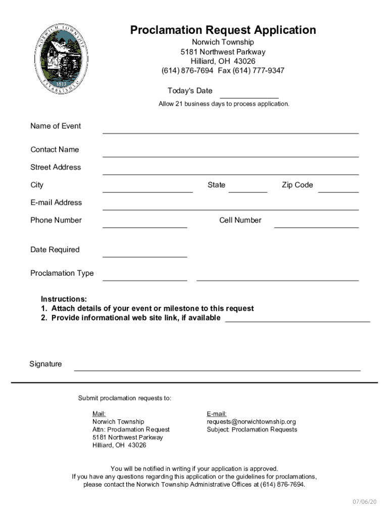Proclamation Request Application Norwich Township  Form
