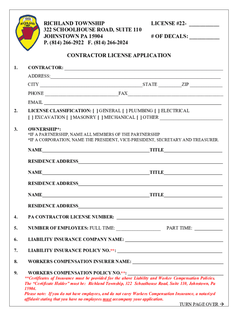 Richland Twp Special Tax Office 322 Schoolhouse Rd  Form