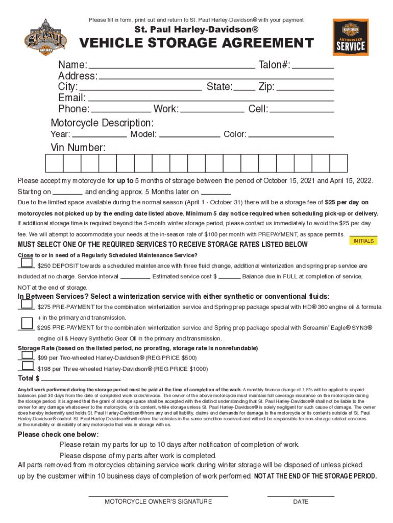 Fillable Online Vehicle Storage Agreement St Paul  Form