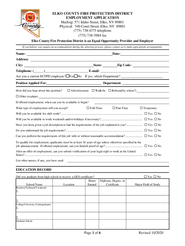 ELKO COUNTY EMPLOYMENT APPLICATION Mailing 571 Idaho  Form