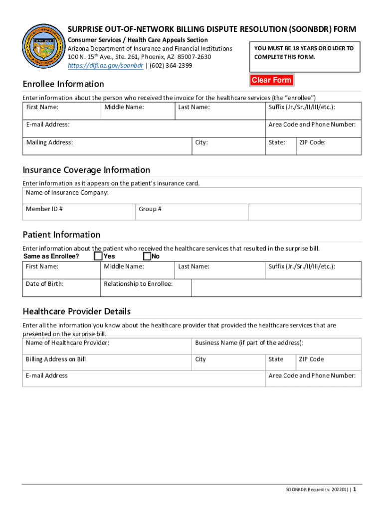 Difi Az Govcontentform Soonbdrr Surprise OutForm SOONBDRR Surprise Out of Network Billing Dispute