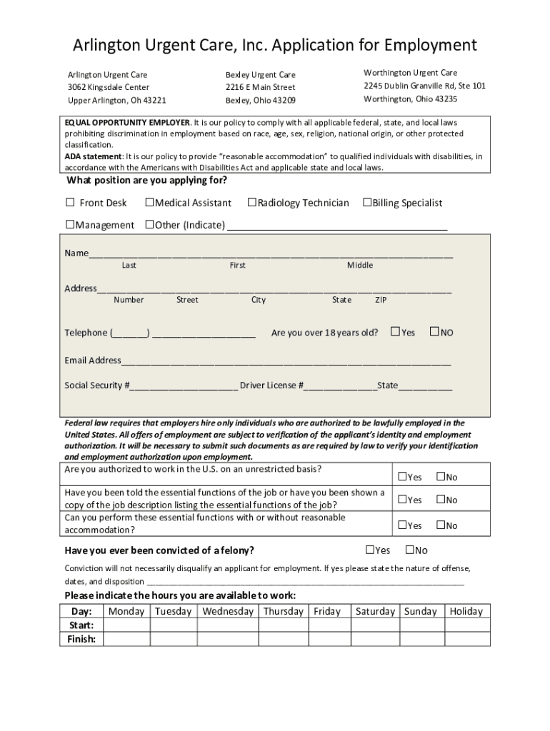 Arlington Urgent Care, Inc Application for Employment  Form