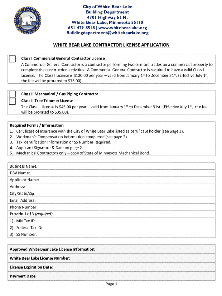WHITE BEAR LAKE CONTRACTOR LICENSE APPLICATION  Form