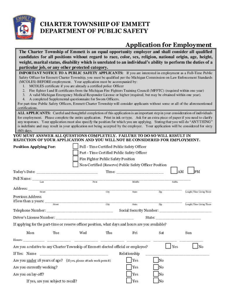 CHARTER TOWNSHIP of EMMETT DEPARTMENT of PUBLIC SAFETY  Form