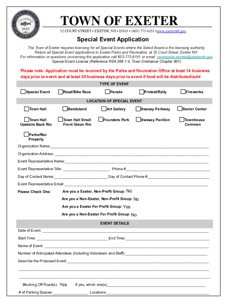 Special Event Permit Application Town of Exeter, NH  Form