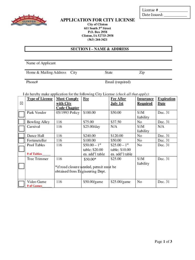 Cms1files Revize ComrevizeclintoniaVEHICLE for HIRE DRIVERS Date Issued APPLICATION for CITY  Form