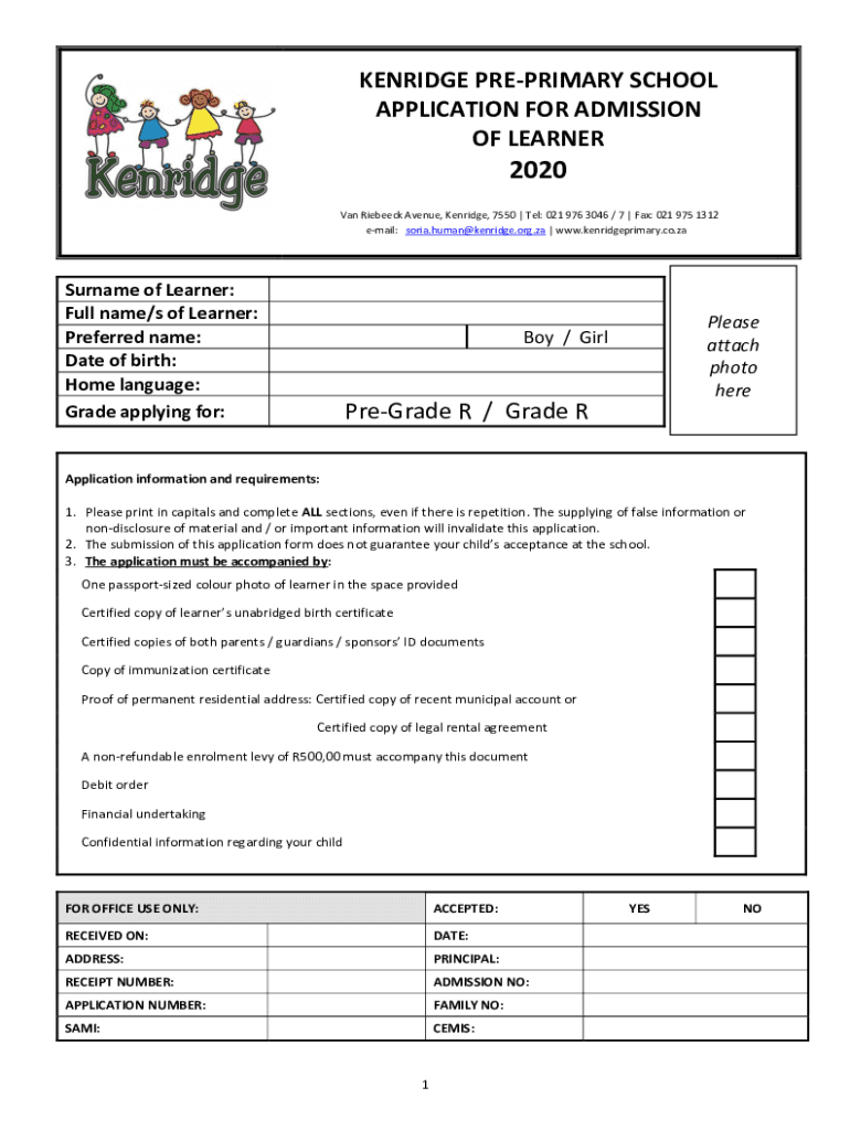  Pre Primary School Admission Form 2020-2024