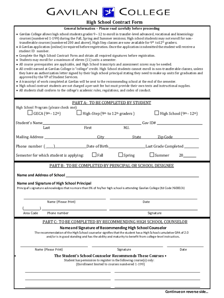 Fillable Online Gavilan High School Contract Form