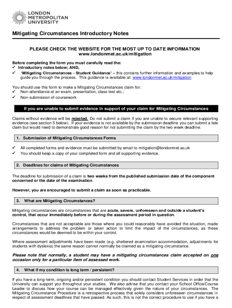 Submission of Mitigating Circumstances Forms Notes of Guidance