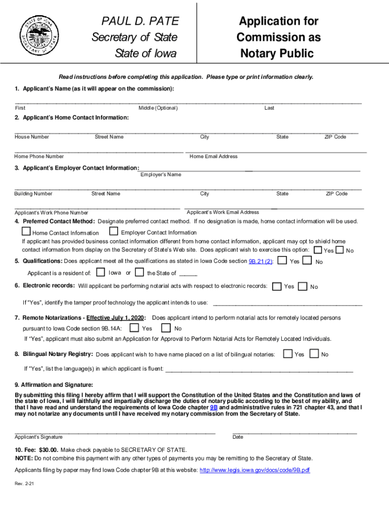 PAUL D PATE Application for Iowa Secretary of State  Form