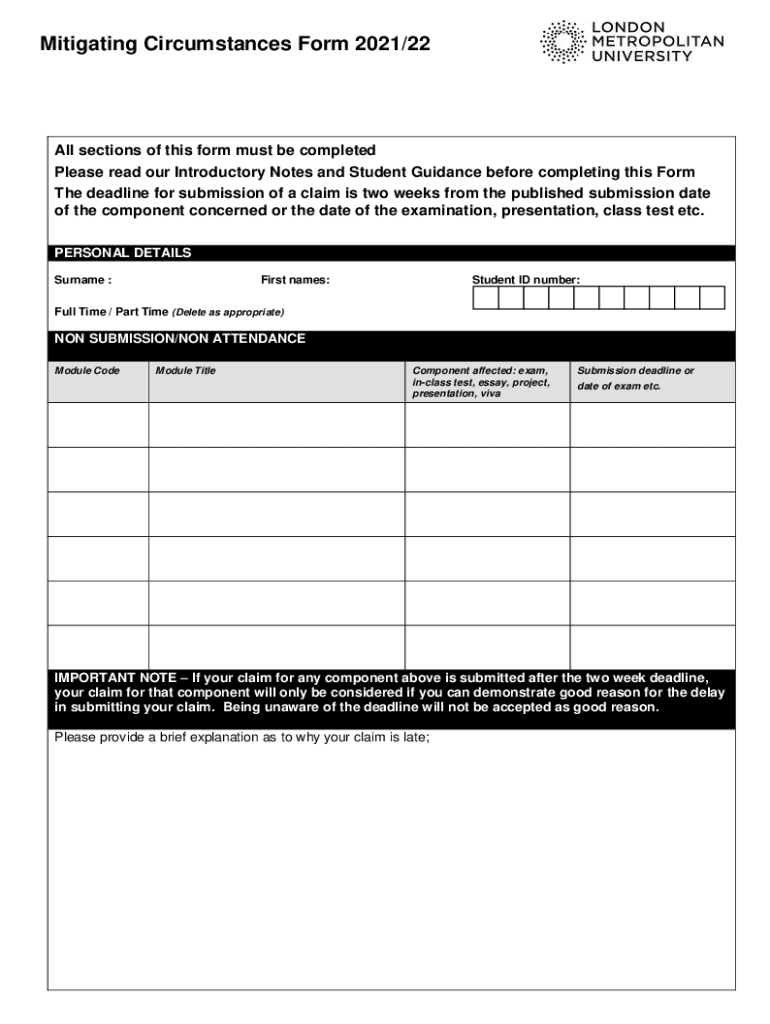 London Met Mitigating Circumstances  Form