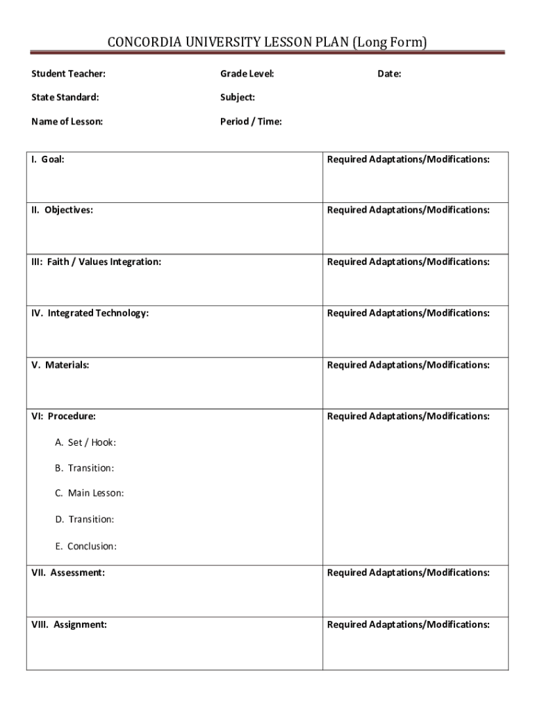 CONCORDIA UNIVERSITY LESSON PLAN Long Form Stude