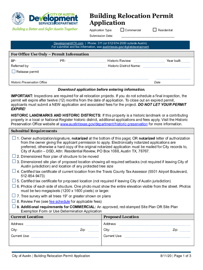 Building Relocation Permit Application Application for Building Relocation Permit in Austin, Texas  Form