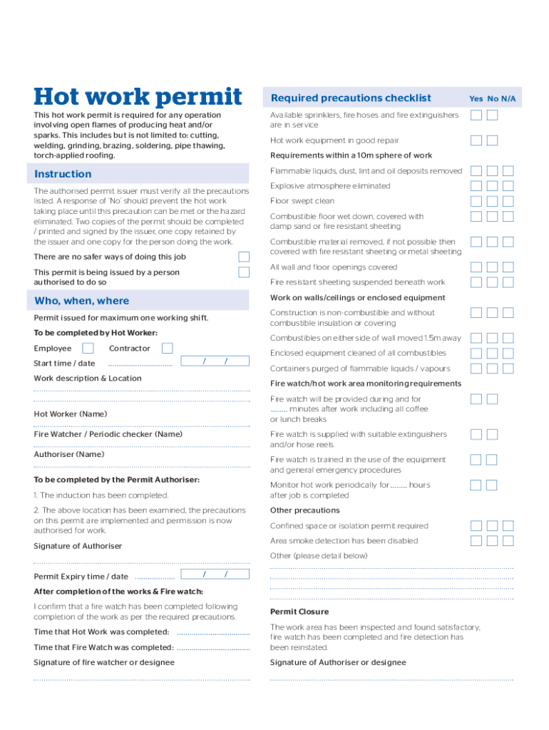 Hot Work Permit Required Precautions Checklist Thi  Form