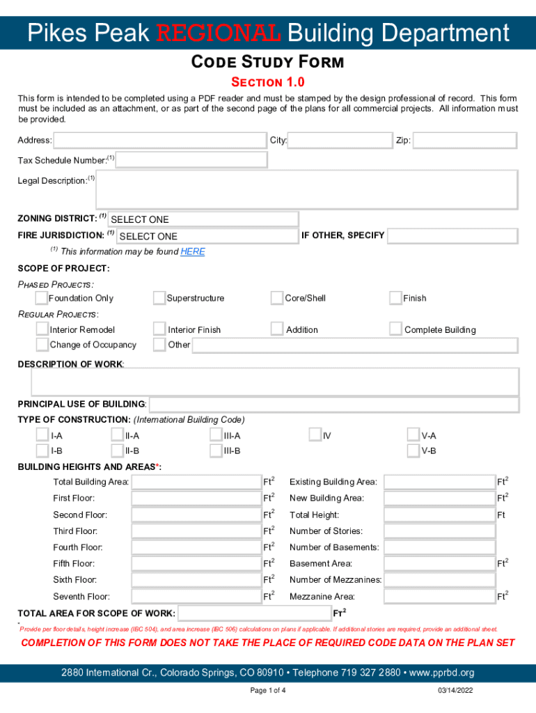 Fillable Online Pprbd Code Study Form Pikes Peak