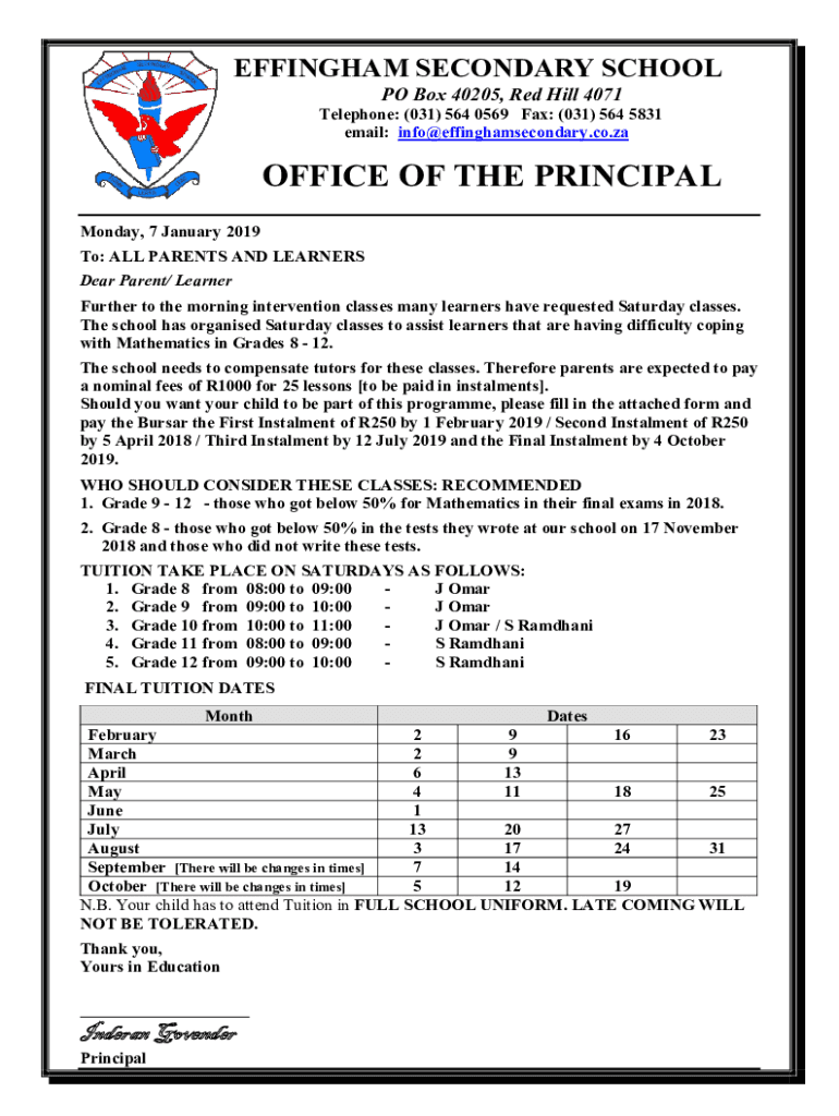 ZA Effingham Secondary School Optima Tuition Saturdays  Form