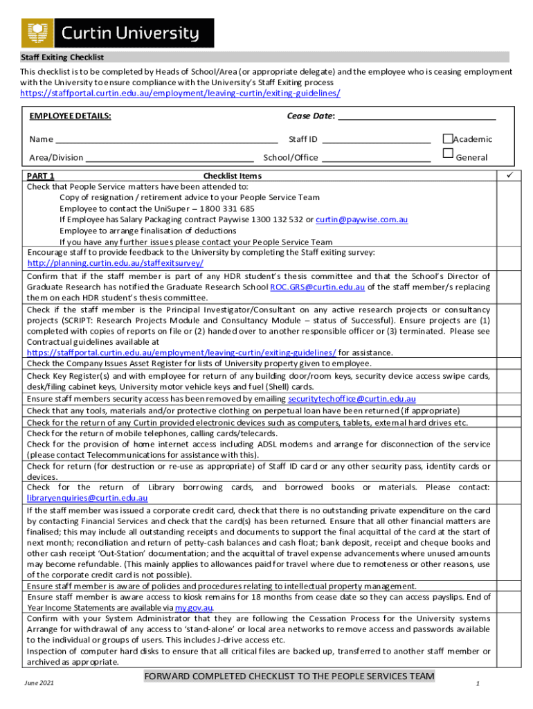  Staff Exiting Checklist Curtin University, Perth, Australia 2021-2024