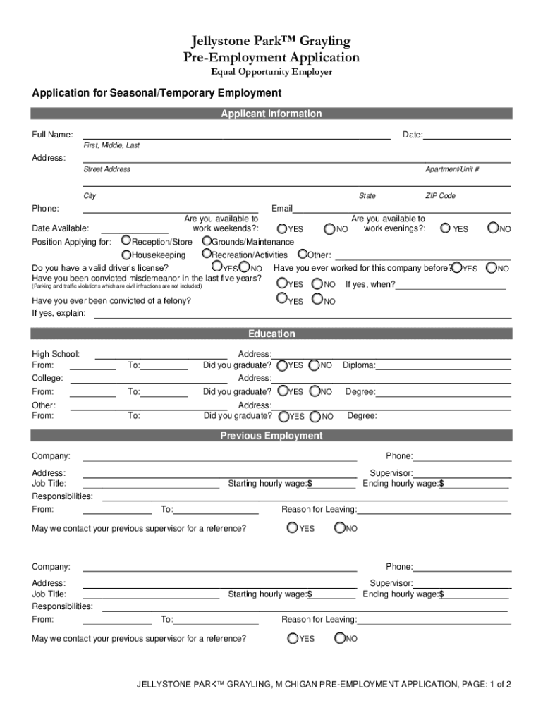 Www Graylingjellystone CompdfsPrint JellystoneJellystone Park Grayling Pre Employment Application  Form