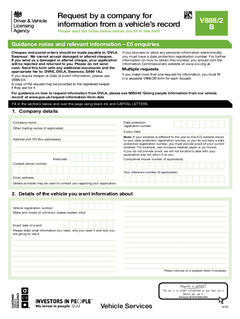 V8882B Request by a Company for Information from a Vehicle&#039;s Record a DVLA Form to Request Information from a Vehicle&#039;