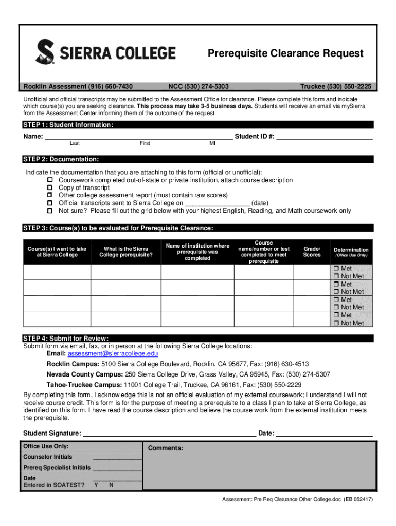 Prerequisite Clearance Form