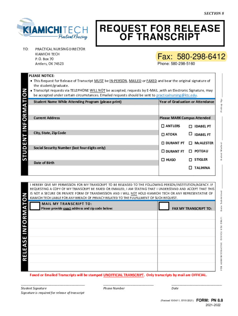 SECTION 8 REQUEST for RELEASE of TRANSCRIPT  Form