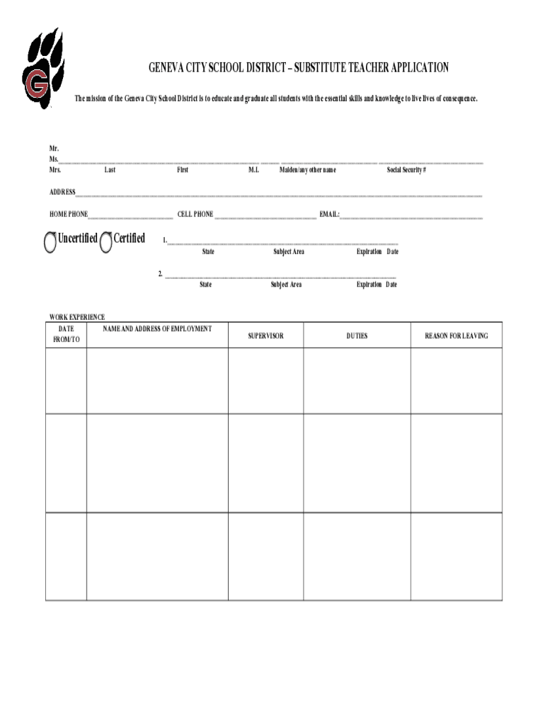 GCSD Substitute Teacher Application Geneva City Schools  Form