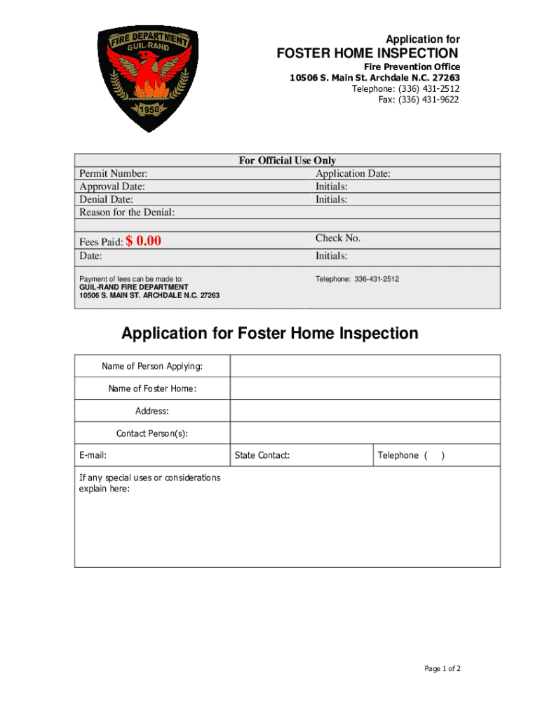 Application for Foster Home Inspection Guil Randfire Com  Form