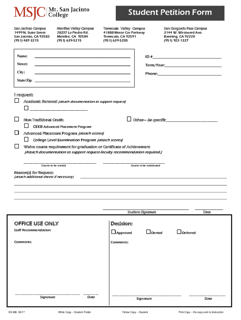 Www Msjc Edu Enroll DocumentsStudent Petition Form Mt San Jacinto College