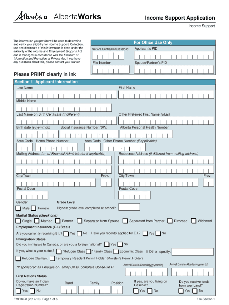 Income Support Application Application for Income Support Completed by Applicants and Given to Alberta Employment, Immigration a  Form