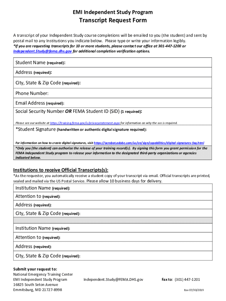 Transcript Request Form Emi Independent Study Program