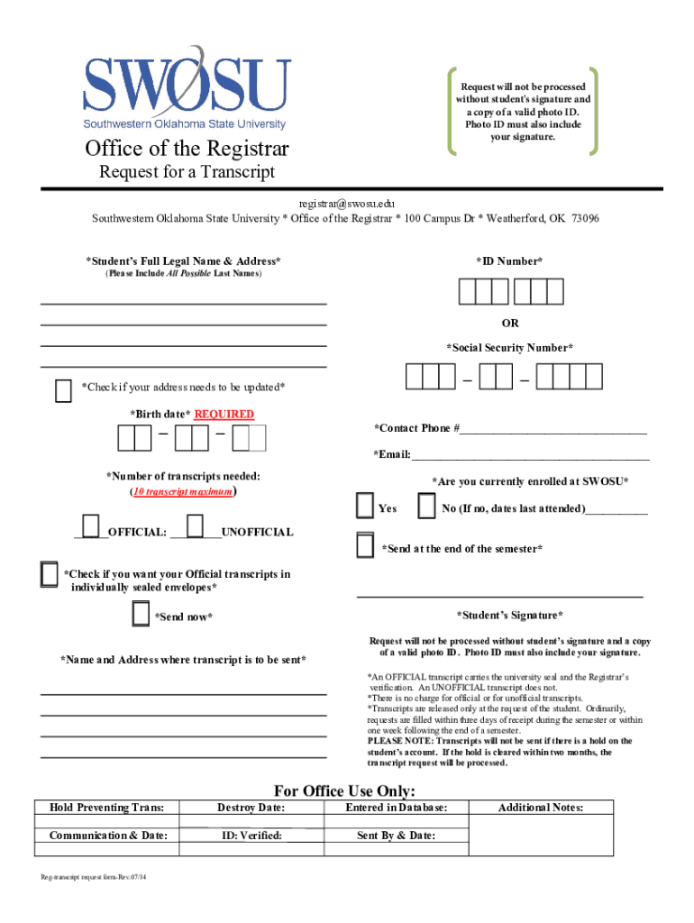  Transcript Request Form 2014-2024