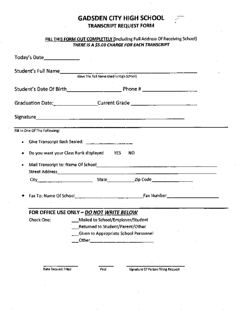 PDF Gadsden City High School Transcript Request Form