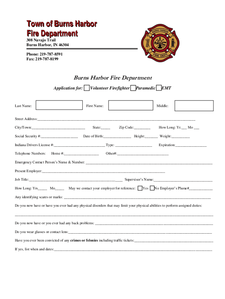 Burns Harbor Fire Department in Indianafire Departments Org  Form