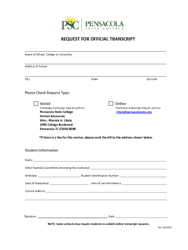  REQUEST for OFFICIAL TRANSCRIPT Pensacola State 2019-2024