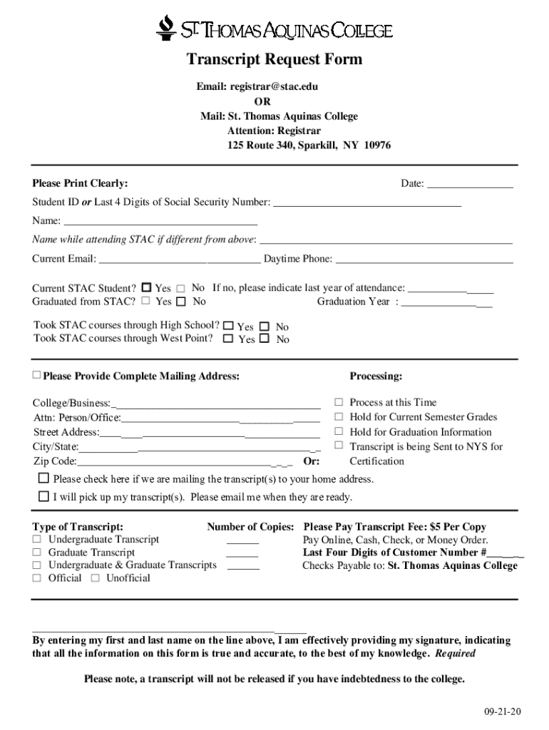 PDF Transcript Request Form St Thomas Aquinas College