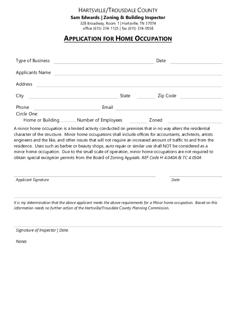 APPLICATION for HOME OCCUPATION Hartsville  Form