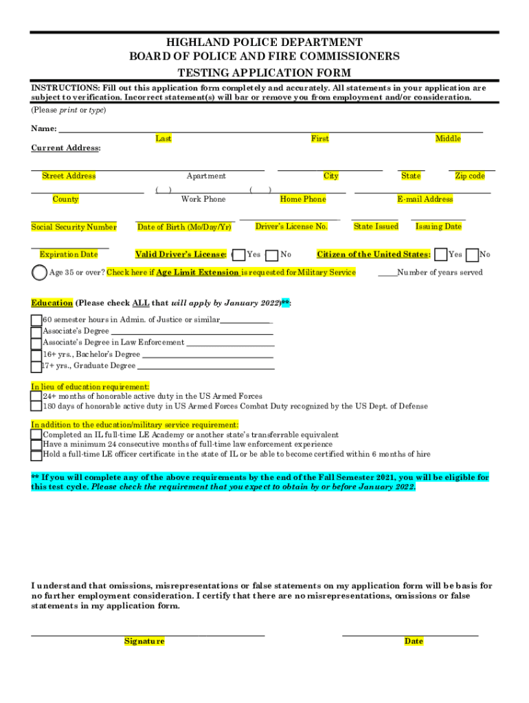 HIGHLAND POLICE DEPARTMENT BOARD of POLICE and FIRE  Form