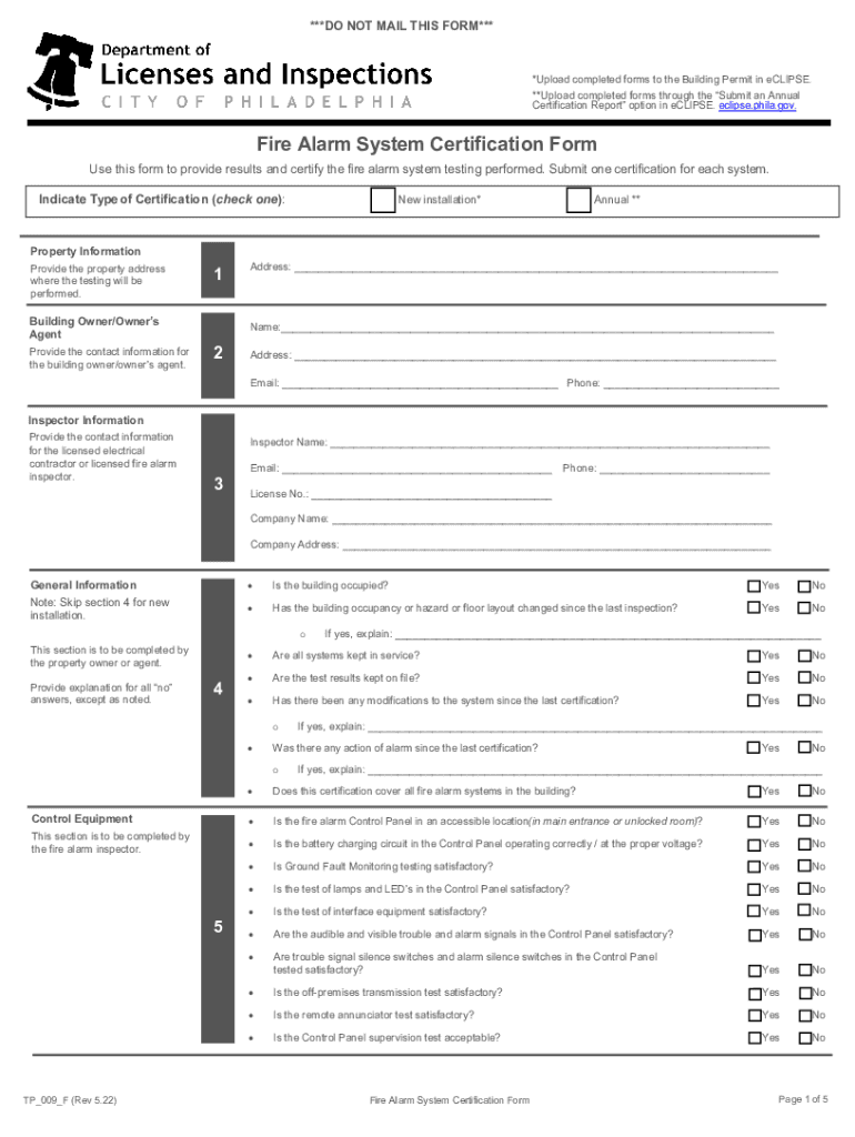  Fire Alarm System Certification Form 2022-2024