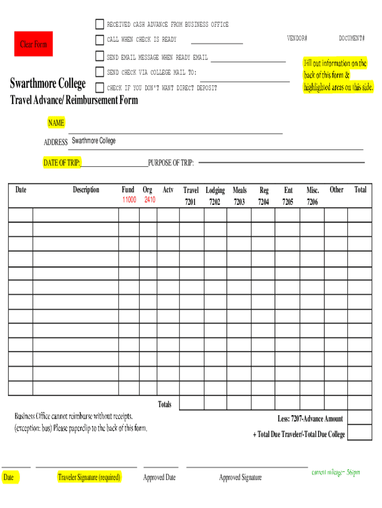 Reimbursement for Travel Form Swarthmore College