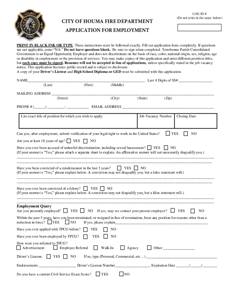 CITY of HOUMA FIRE DEPARTMENT APPLICATION for  Form