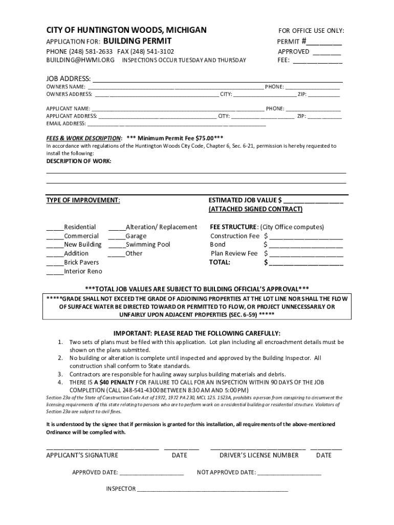 Application for Zoning &amp;amp; Use Permit in Huntington Woods, MI  Form