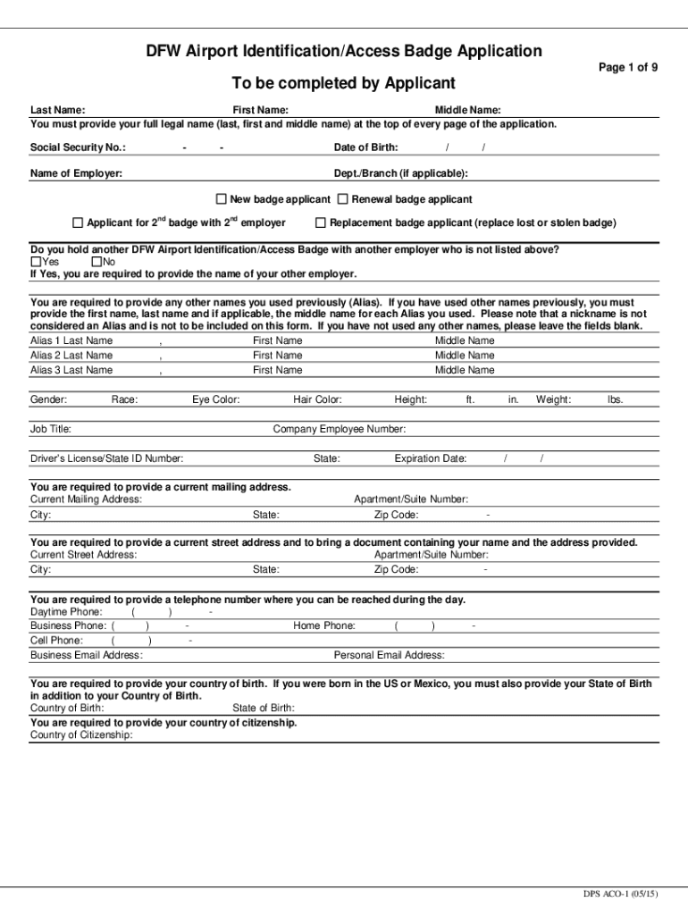 DFW Airport IdentificationAccess Badge Application to Be  Form