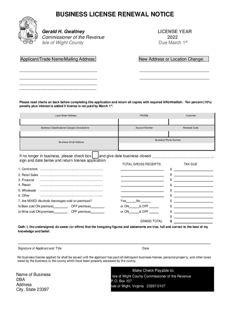BUSINESS LICENSE RENEWAL NOTICE Isle of Wight County  Form