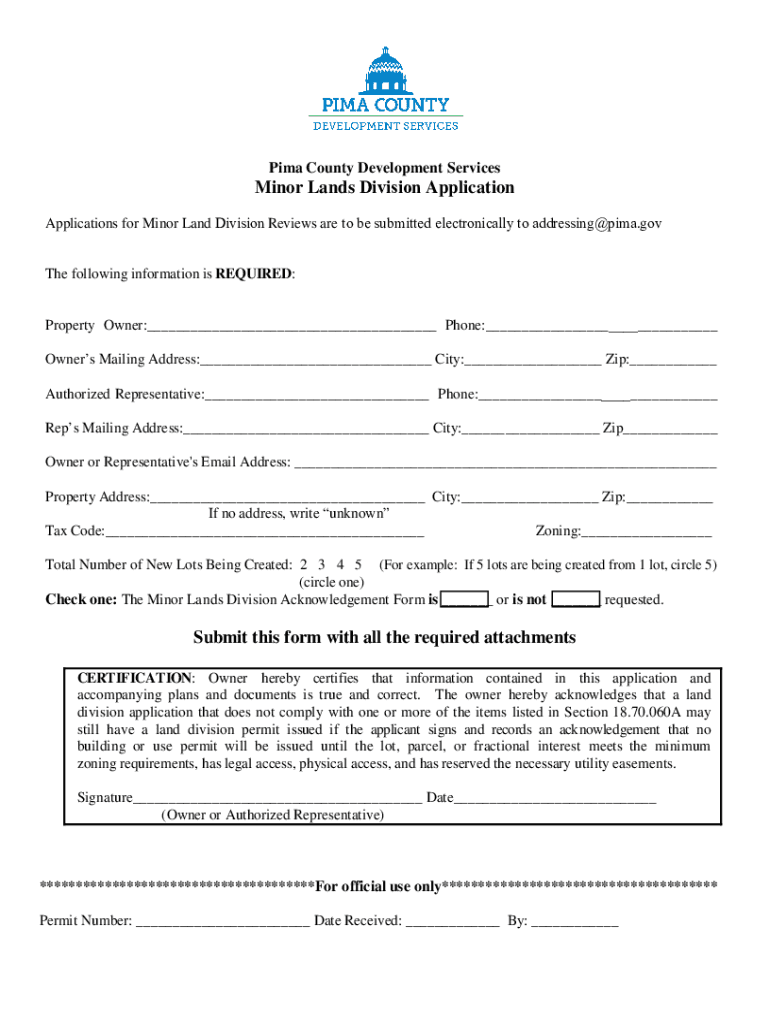 Pima County Development Services Minor Lands Division Application  Form